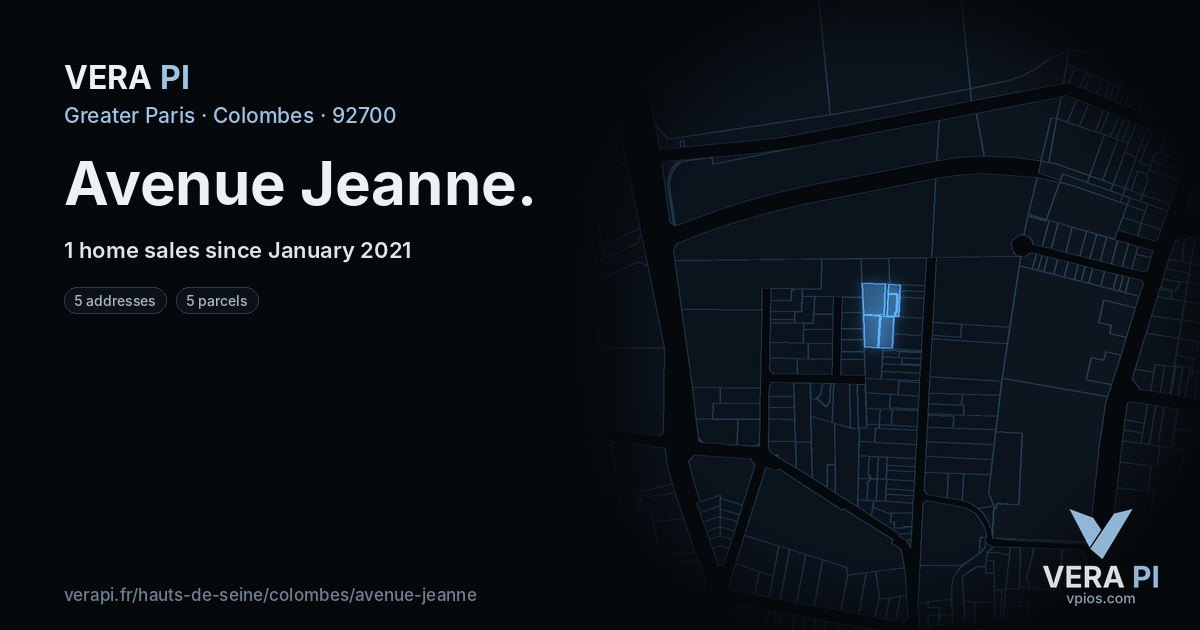 Avenue Jeanne, Colombes at night – every parcel coloured by the prices around it, the street's own parcels lit