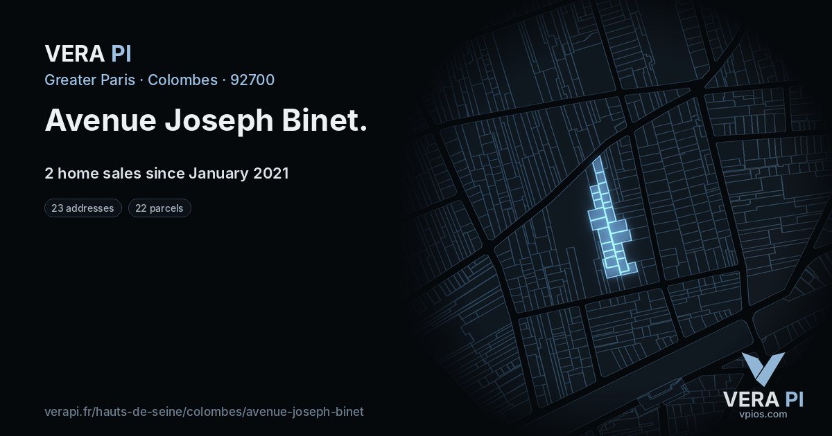 Avenue Joseph Binet, Colombes at night – every parcel coloured by the prices around it, the street's own parcels lit