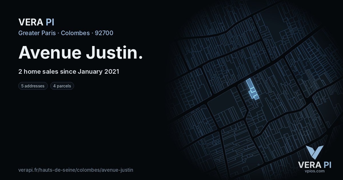 Avenue Justin, Colombes at night – every parcel coloured by the prices around it, the street's own parcels lit