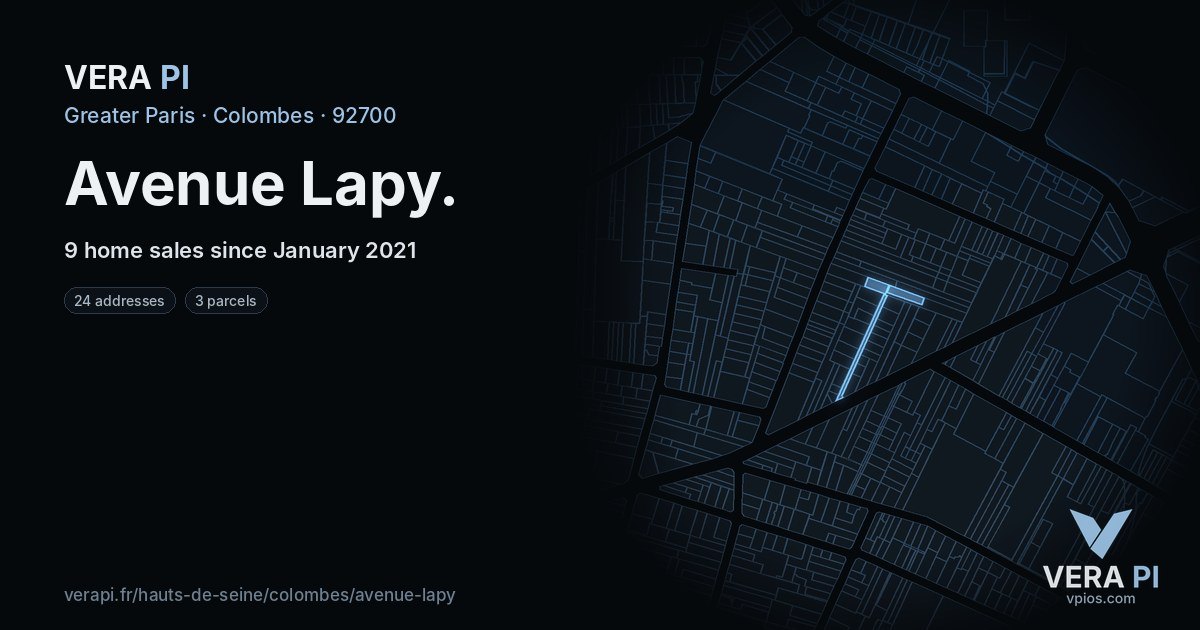 Avenue Lapy, Colombes at night – every parcel coloured by the prices around it, the street's own parcels lit
