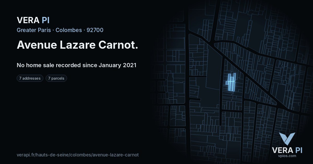 Avenue Lazare Carnot, Colombes at night – every parcel coloured by the prices around it, the street's own parcels lit