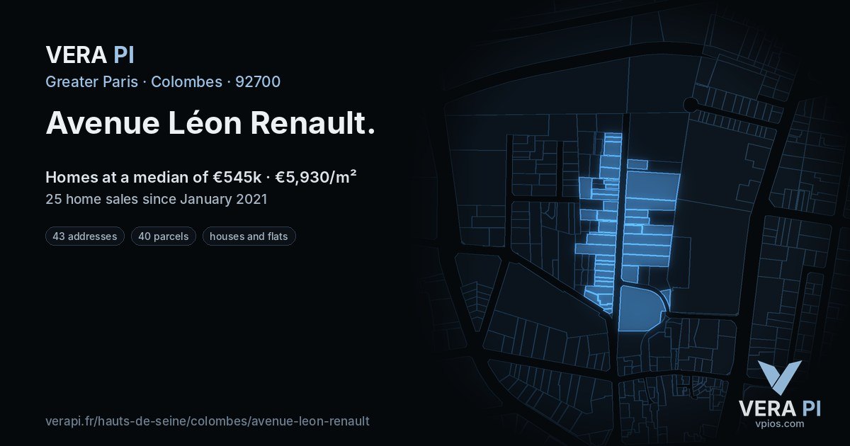 Avenue Léon Renault, Colombes at night – every parcel coloured by the prices around it, the street's own parcels lit