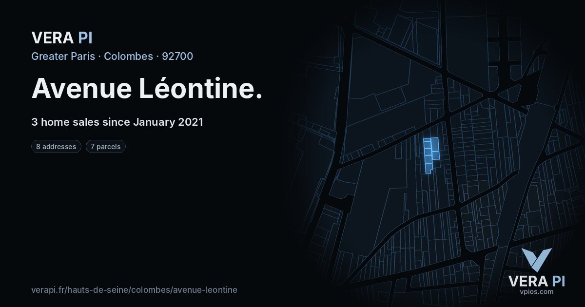 Avenue Léontine, Colombes at night – every parcel coloured by the prices around it, the street's own parcels lit