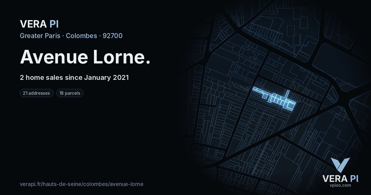 Avenue Lorne, Colombes at night – every parcel coloured by the prices around it, the street's own parcels lit