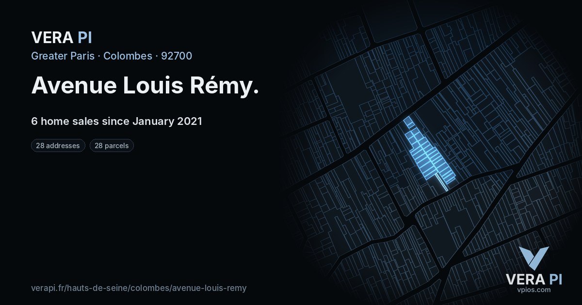 Avenue Louis Rémy, Colombes at night – every parcel coloured by the prices around it, the street's own parcels lit