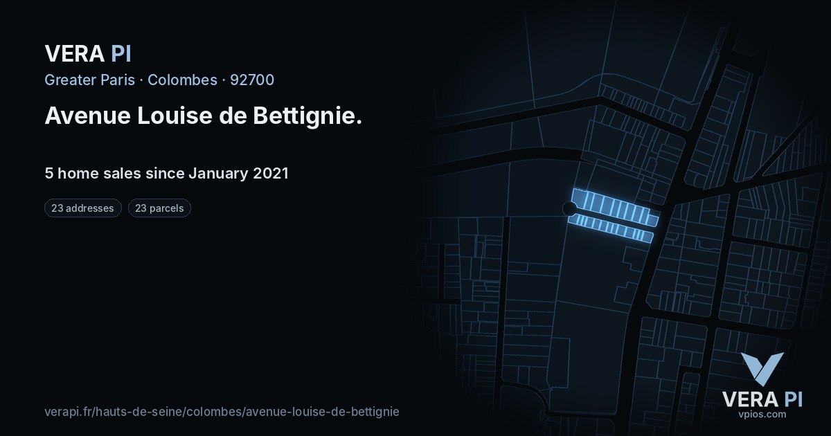 Avenue Louise de Bettignie, Colombes at night – every parcel coloured by the prices around it, the street's own parcels lit