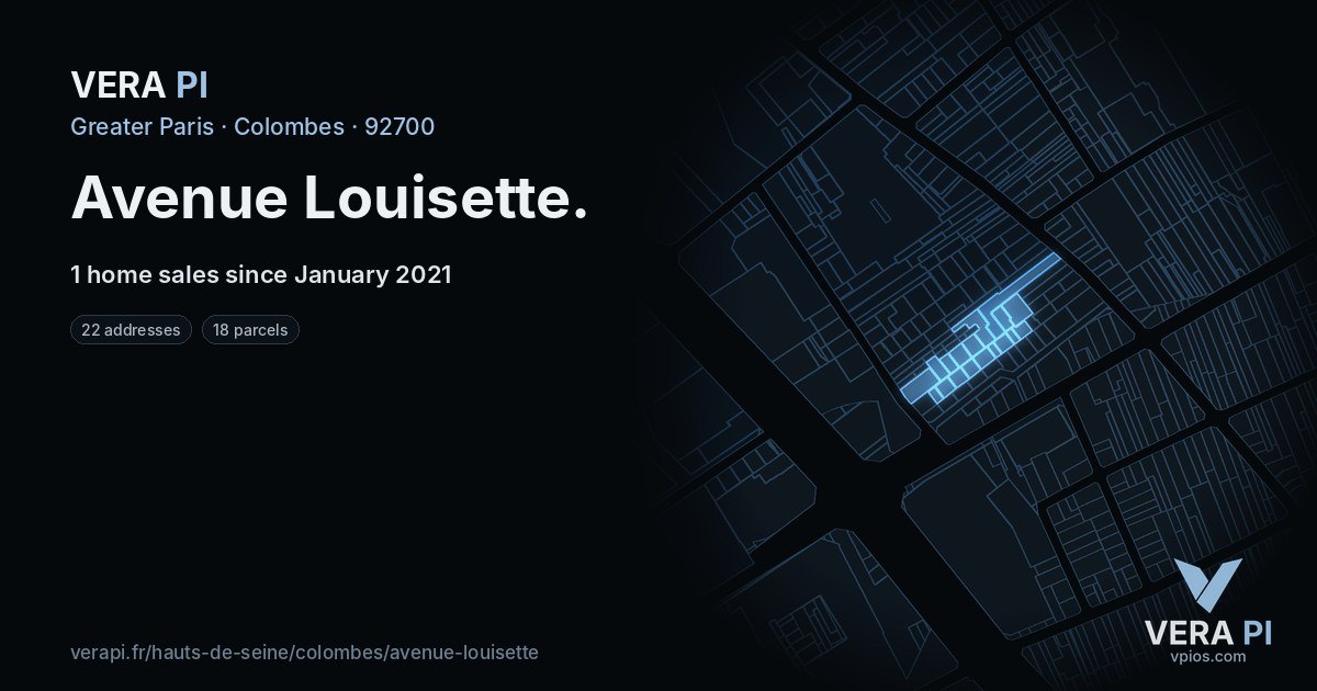 Avenue Louisette, Colombes at night – every parcel coloured by the prices around it, the street's own parcels lit