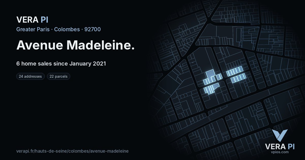 Avenue Madeleine, Colombes at night – every parcel coloured by the prices around it, the street's own parcels lit