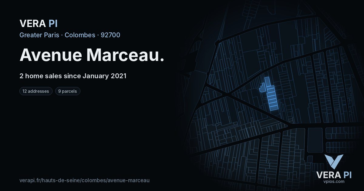 Avenue Marceau, Colombes at night – every parcel coloured by the prices around it, the street's own parcels lit