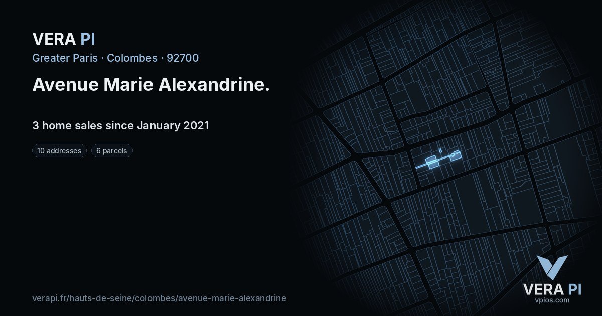 Avenue Marie Alexandrine, Colombes at night – every parcel coloured by the prices around it, the street's own parcels lit