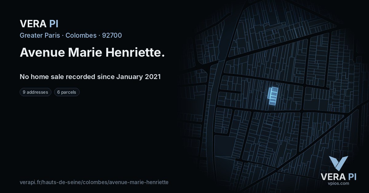 Avenue Marie Henriette, Colombes at night – every parcel coloured by the prices around it, the street's own parcels lit