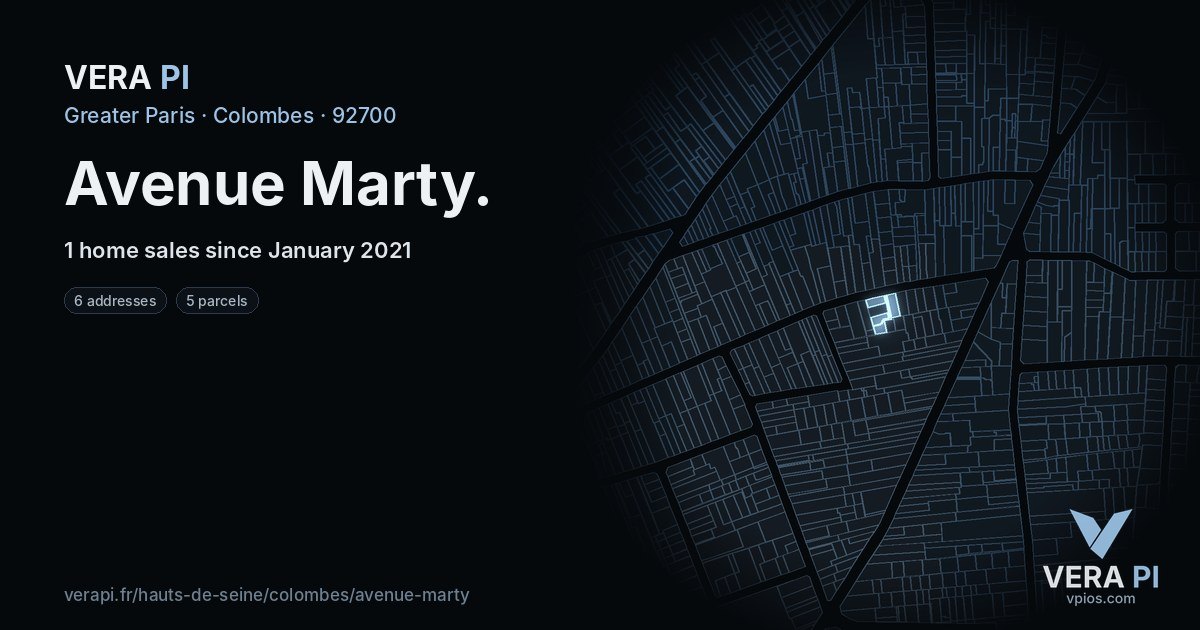 Avenue Marty, Colombes at night – every parcel coloured by the prices around it, the street's own parcels lit