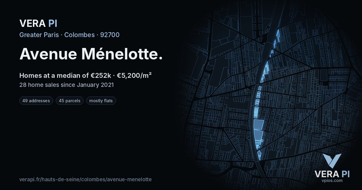 Avenue Ménelotte, Colombes at night – every parcel coloured by the prices around it, the street's own parcels lit