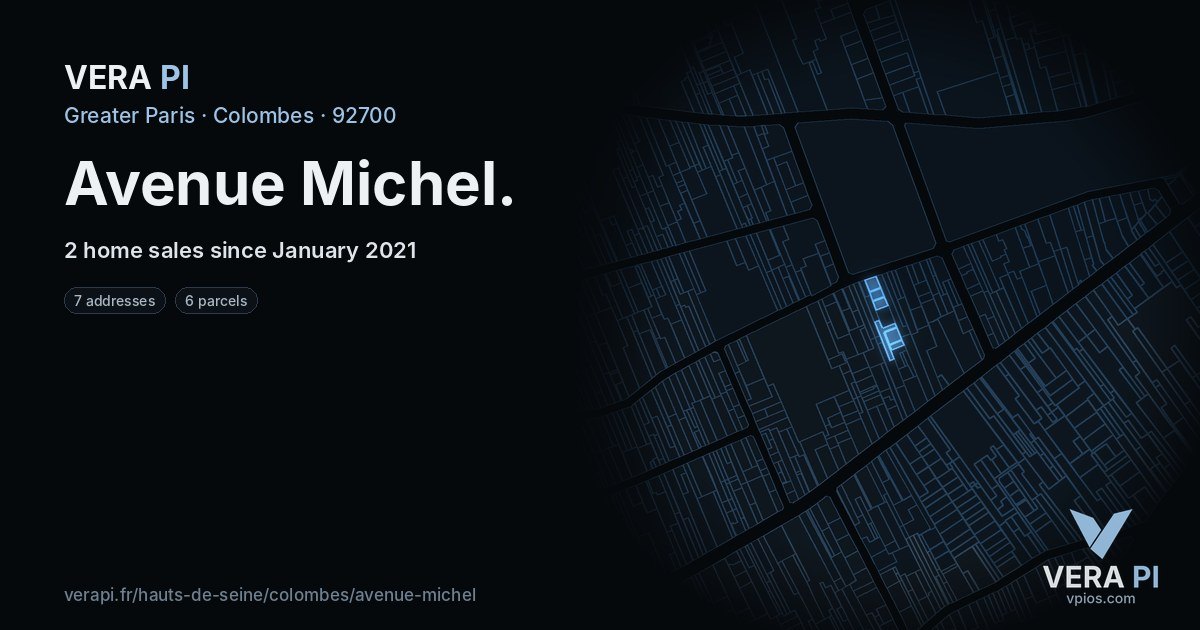 Avenue Michel, Colombes at night – every parcel coloured by the prices around it, the street's own parcels lit