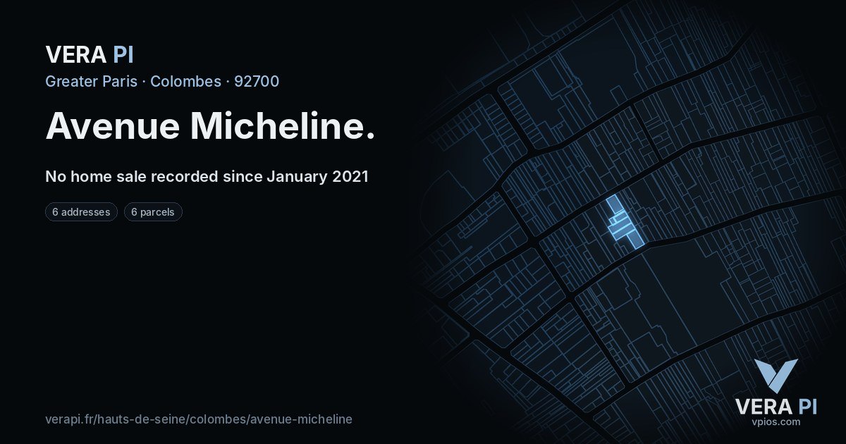 Avenue Micheline, Colombes at night – every parcel coloured by the prices around it, the street's own parcels lit