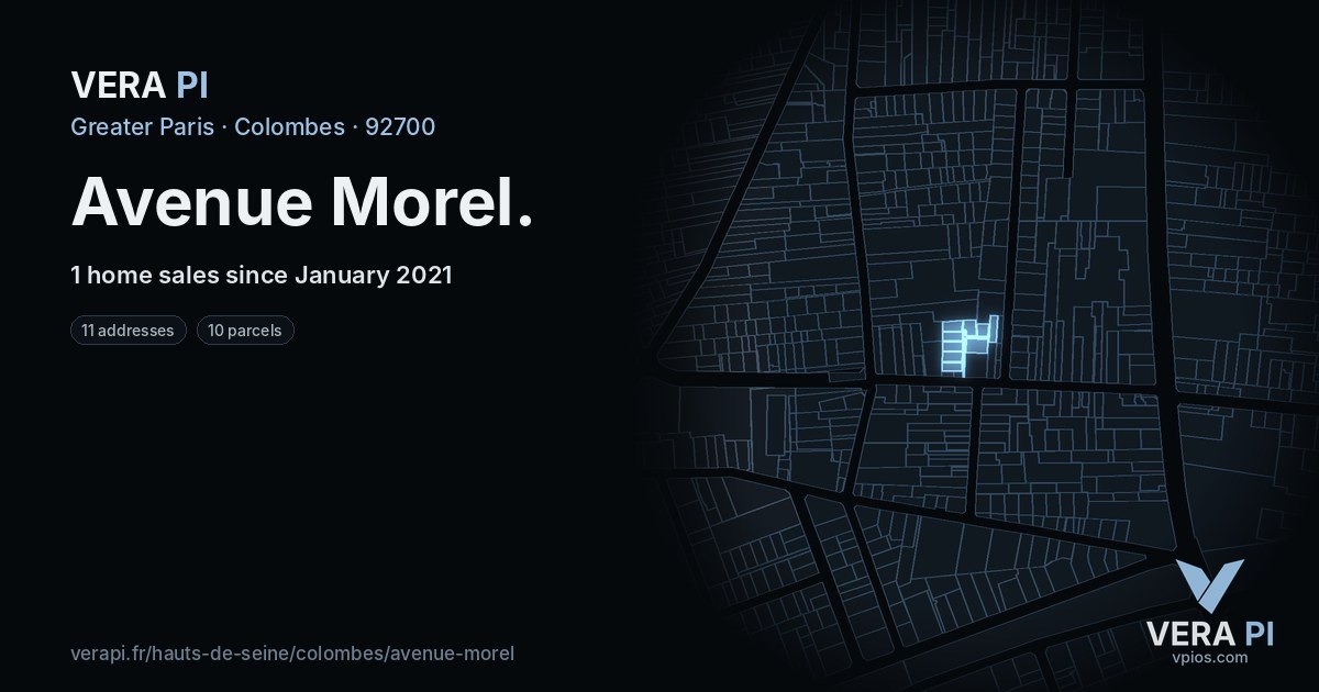 Avenue Morel, Colombes at night – every parcel coloured by the prices around it, the street's own parcels lit