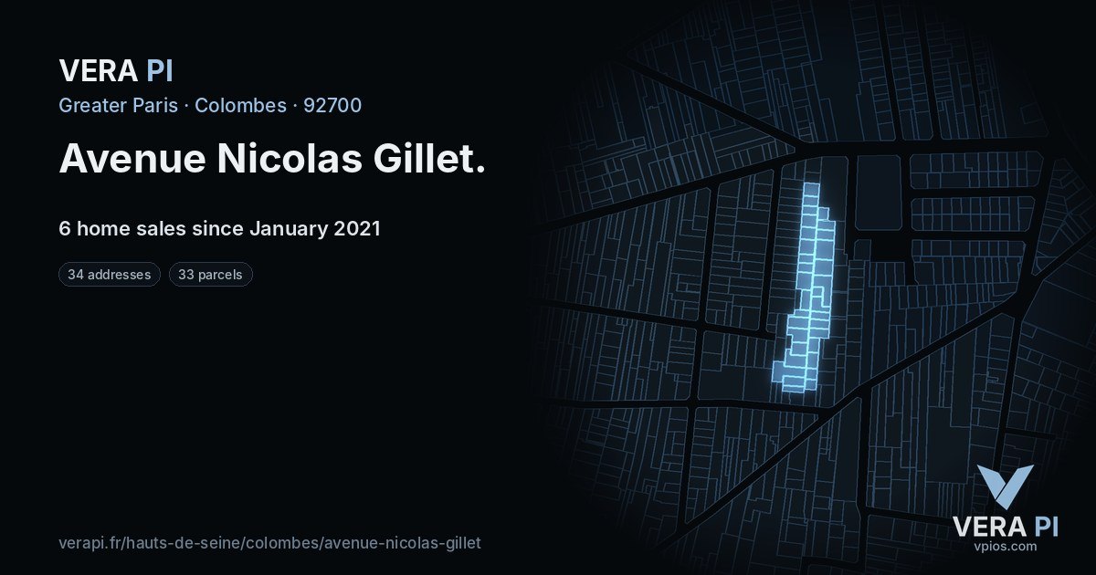 Avenue Nicolas Gillet, Colombes at night – every parcel coloured by the prices around it, the street's own parcels lit