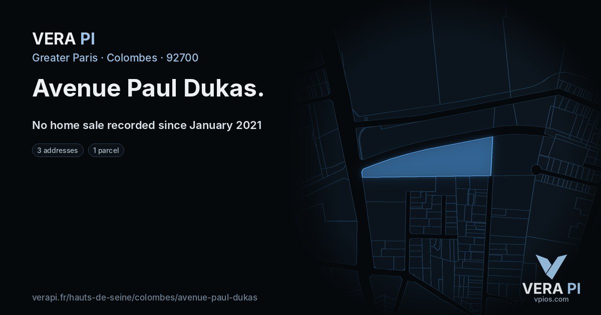 Avenue Paul Dukas, Colombes at night – every parcel coloured by the prices around it, the street's own parcels lit