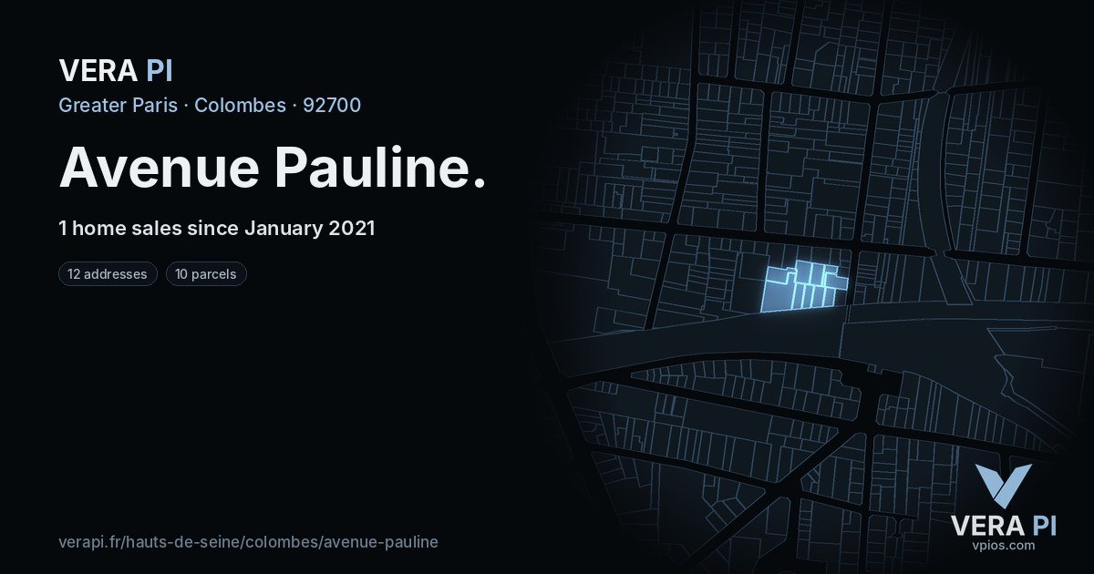 Avenue Pauline, Colombes at night – every parcel coloured by the prices around it, the street's own parcels lit