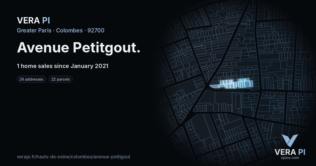 Avenue Petitgout, Colombes at night – every parcel coloured by the prices around it, the street's own parcels lit