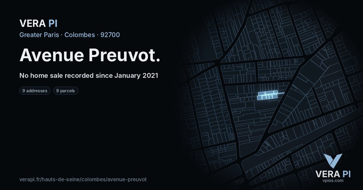Avenue Preuvot, Colombes at night – every parcel coloured by the prices around it, the street's own parcels lit