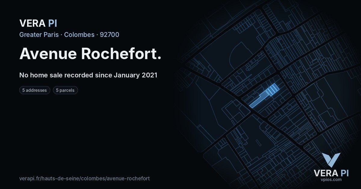 Avenue Rochefort, Colombes at night – every parcel coloured by the prices around it, the street's own parcels lit