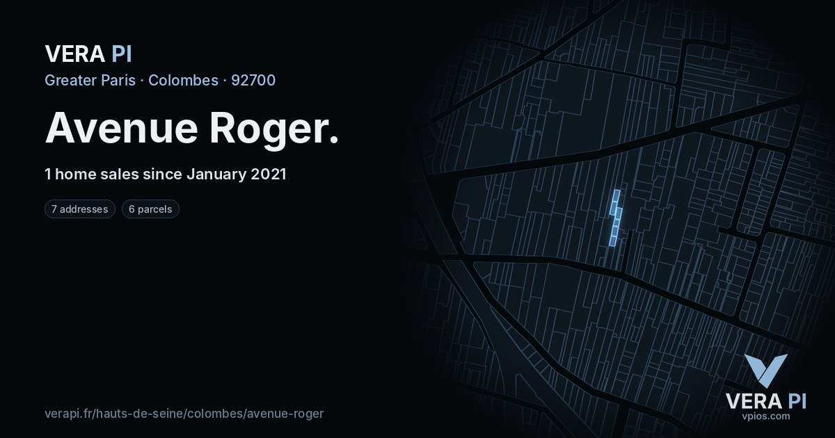 Avenue Roger, Colombes at night – every parcel coloured by the prices around it, the street's own parcels lit
