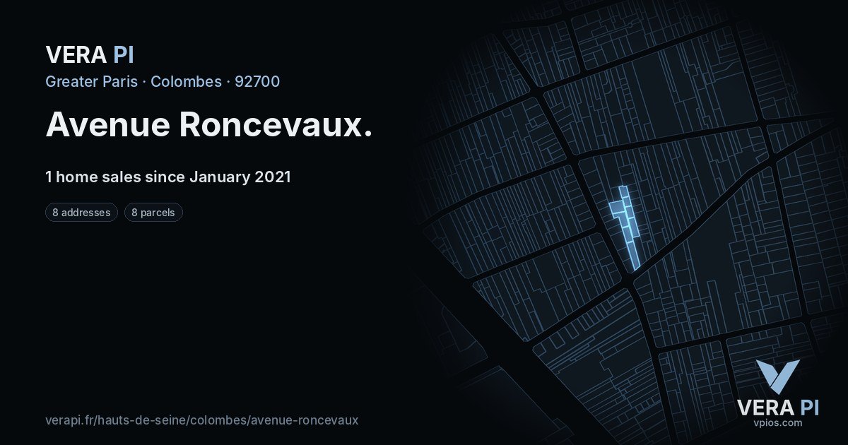 Avenue Roncevaux, Colombes at night – every parcel coloured by the prices around it, the street's own parcels lit