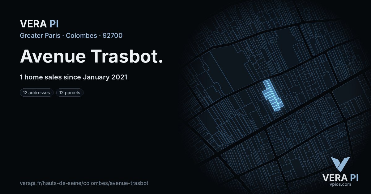 Avenue Trasbot, Colombes at night – every parcel coloured by the prices around it, the street's own parcels lit