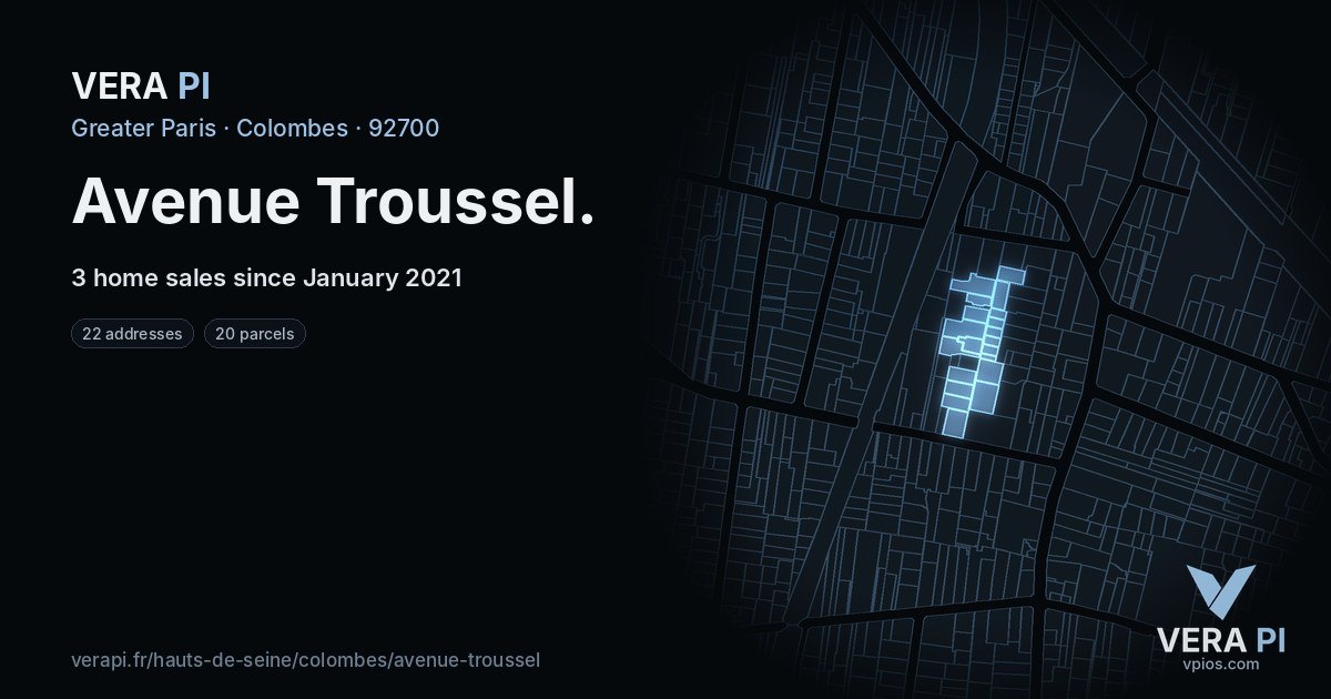 Avenue Troussel, Colombes at night – every parcel coloured by the prices around it, the street's own parcels lit