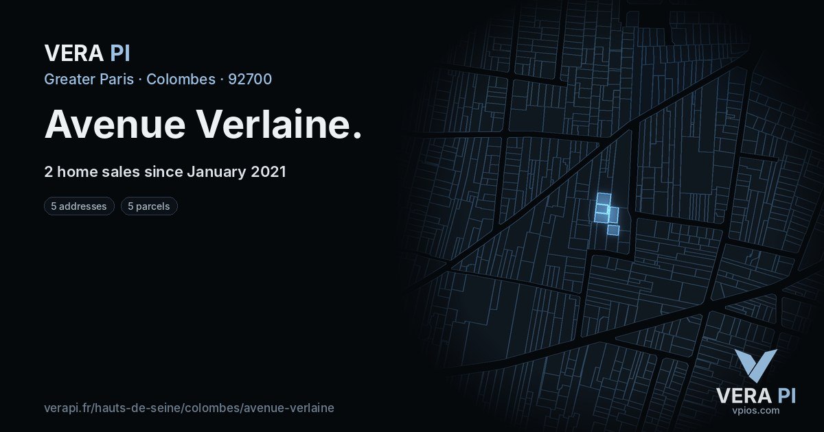 Avenue Verlaine, Colombes at night – every parcel coloured by the prices around it, the street's own parcels lit