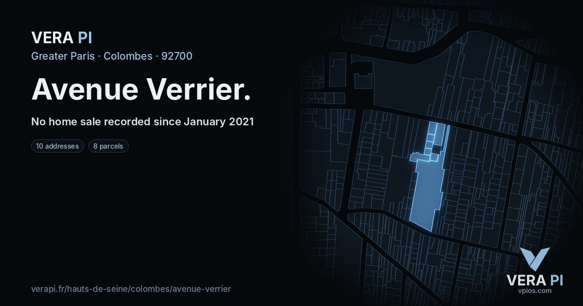 Avenue Verrier, Colombes at night – every parcel coloured by the prices around it, the street's own parcels lit