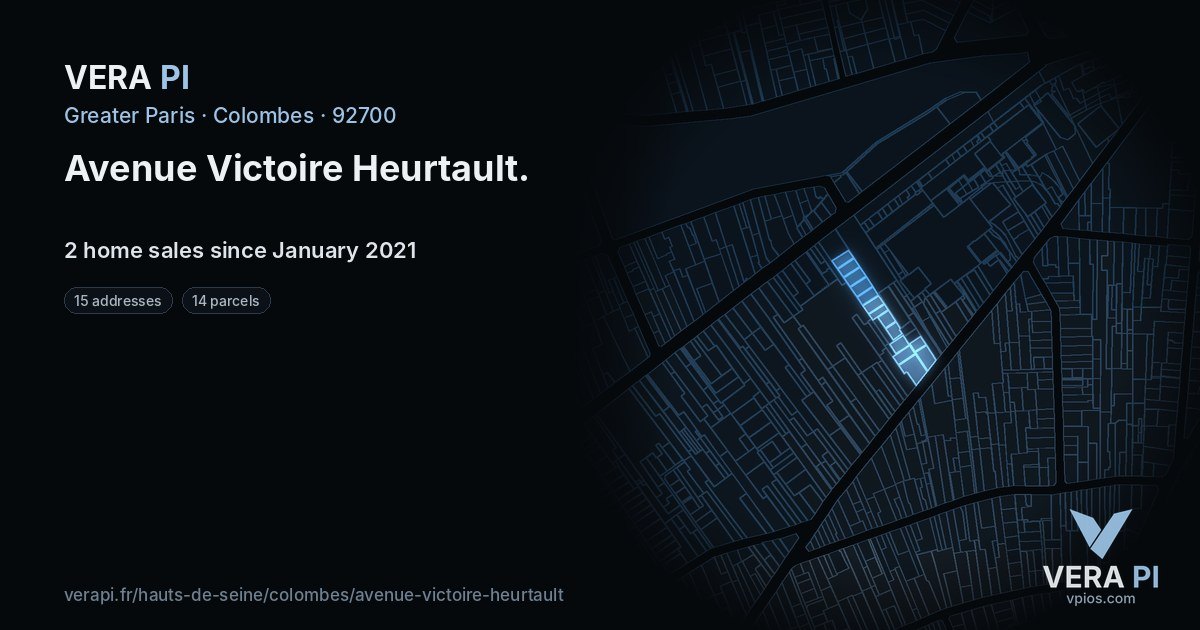 Avenue Victoire Heurtault, Colombes at night – every parcel coloured by the prices around it, the street's own parcels lit