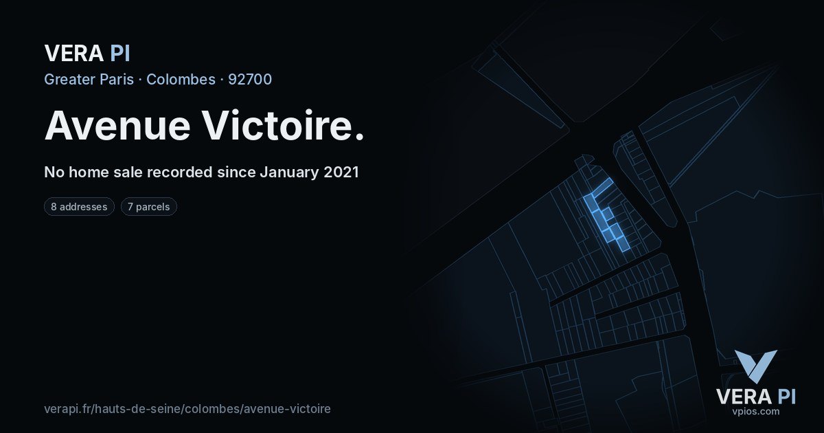 Avenue Victoire, Colombes at night – every parcel coloured by the prices around it, the street's own parcels lit