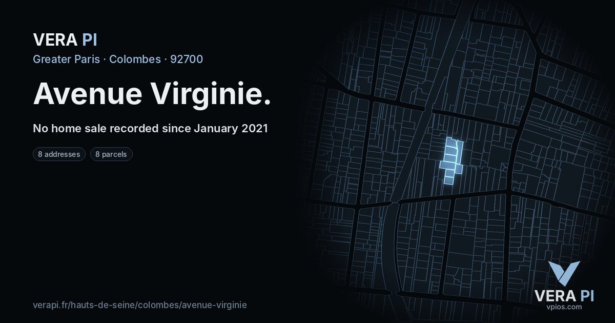 Avenue Virginie, Colombes at night – every parcel coloured by the prices around it, the street's own parcels lit