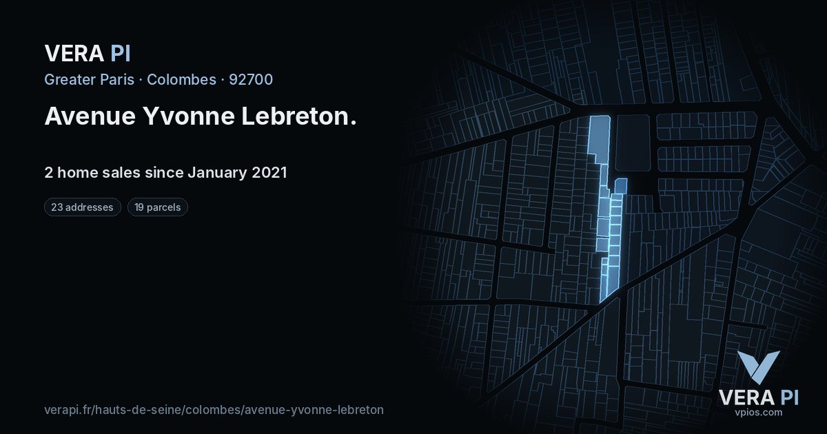 Avenue Yvonne Lebreton, Colombes at night – every parcel coloured by the prices around it, the street's own parcels lit