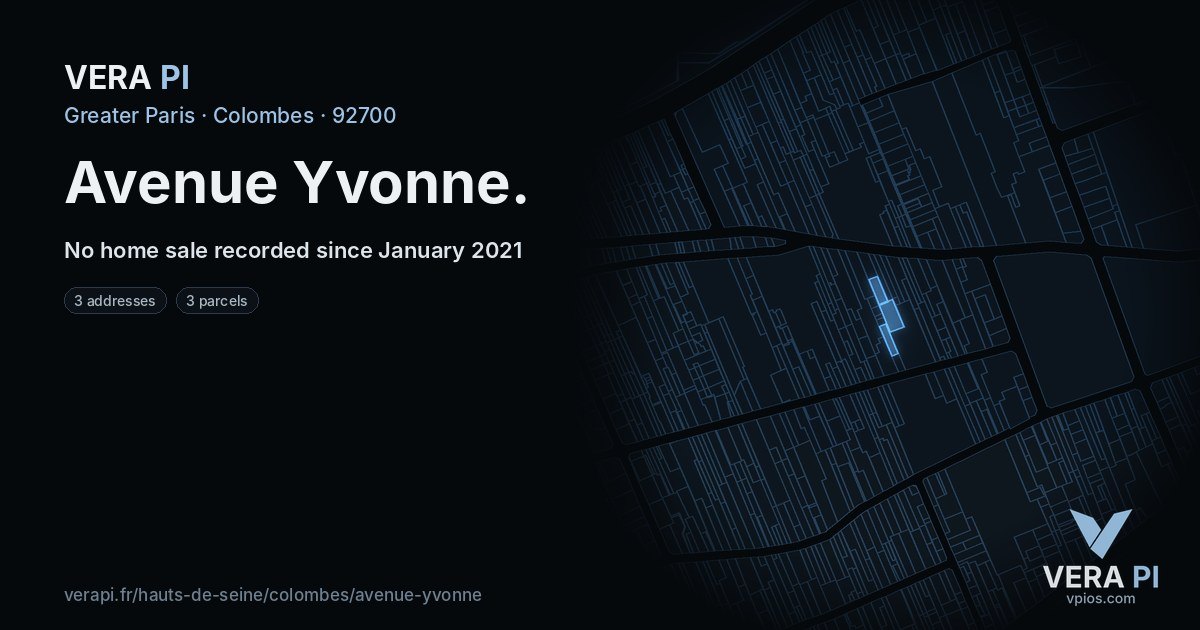 Avenue Yvonne, Colombes at night – every parcel coloured by the prices around it, the street's own parcels lit