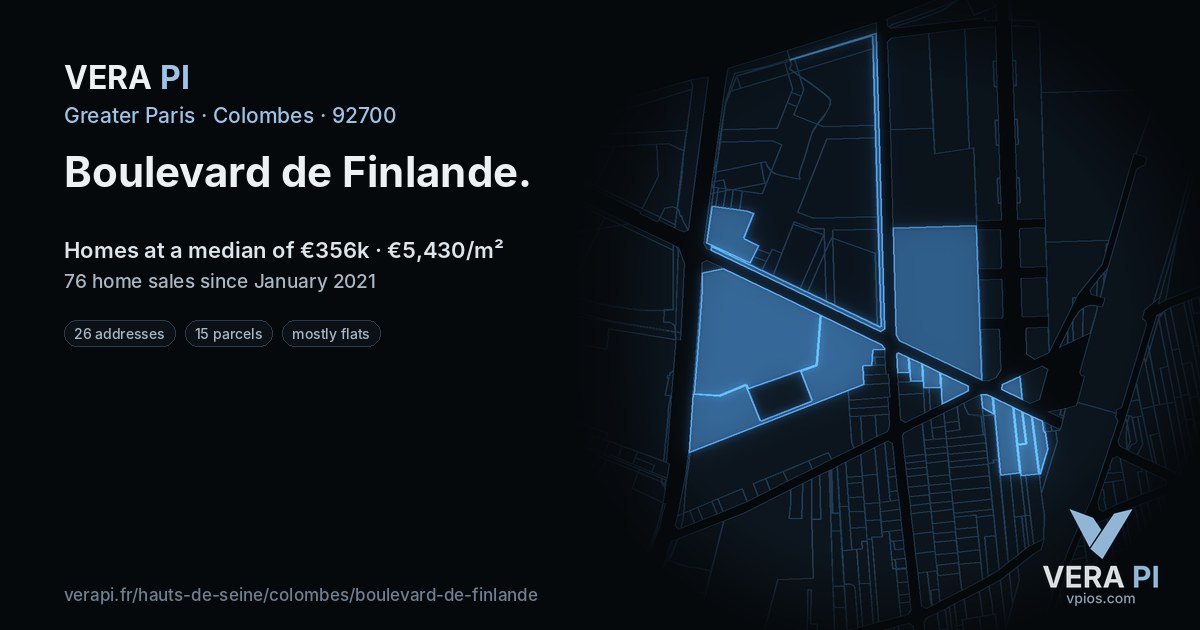 Boulevard de Finlande, Colombes at night – every parcel coloured by the prices around it, the street's own parcels lit