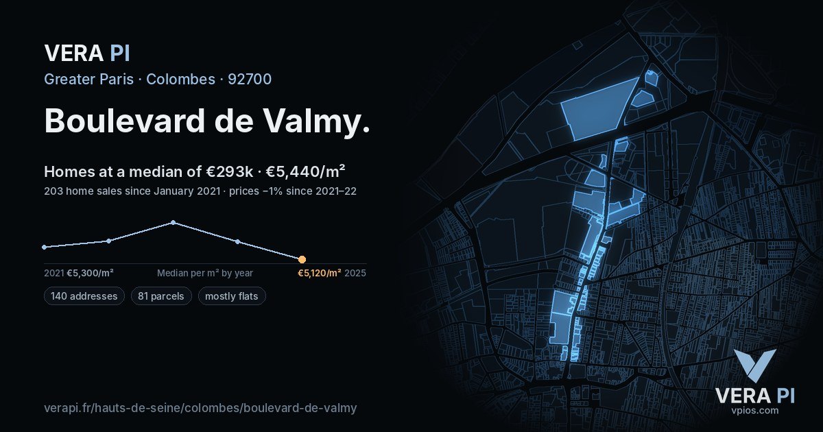 Boulevard de Valmy, Colombes at night – every parcel coloured by the prices around it, the street's own parcels lit