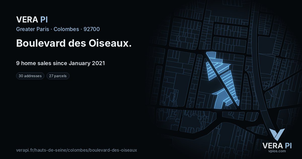 Boulevard des Oiseaux, Colombes at night – every parcel coloured by the prices around it, the street's own parcels lit