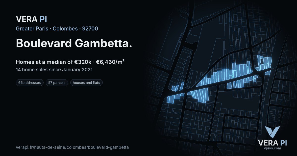 Boulevard Gambetta, Colombes at night – every parcel coloured by the prices around it, the street's own parcels lit