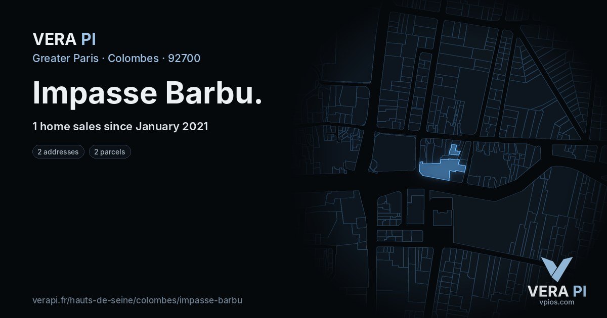 Impasse Barbu, Colombes at night – every parcel coloured by the prices around it, the street's own parcels lit