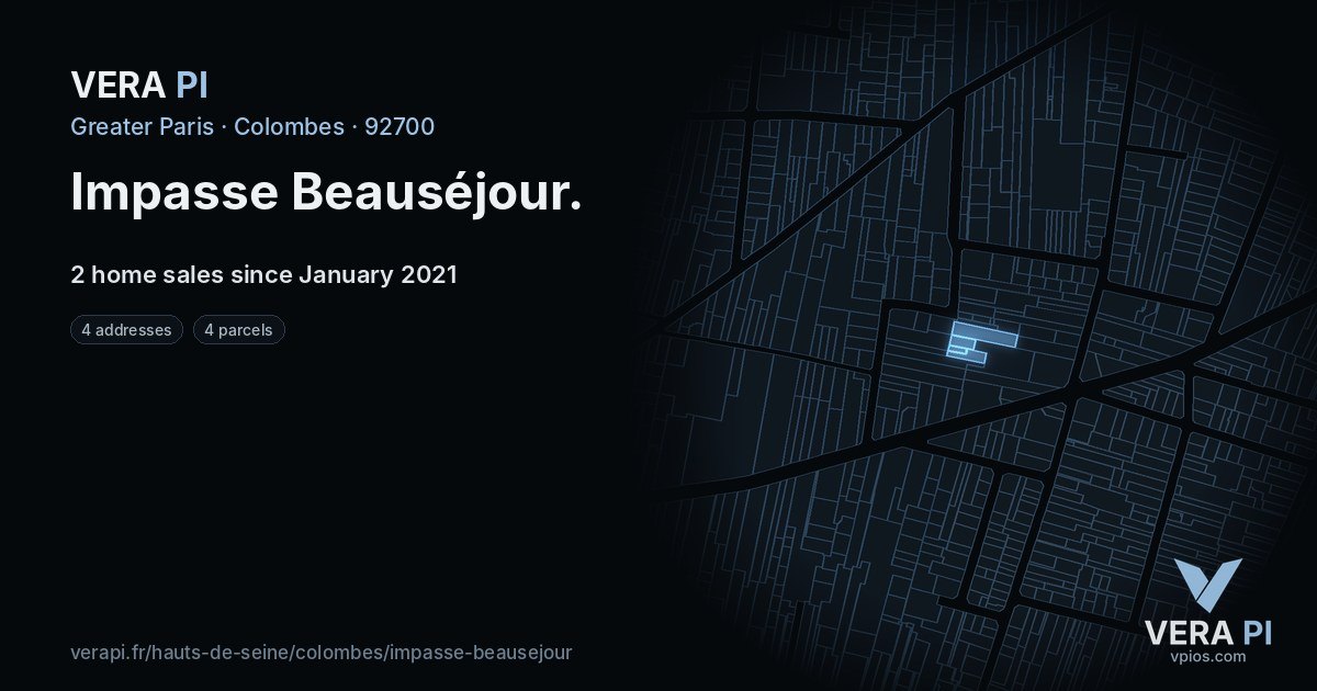 Impasse Beauséjour, Colombes at night – every parcel coloured by the prices around it, the street's own parcels lit
