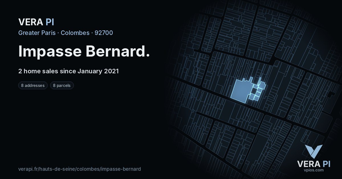 Impasse Bernard, Colombes at night – every parcel coloured by the prices around it, the street's own parcels lit
