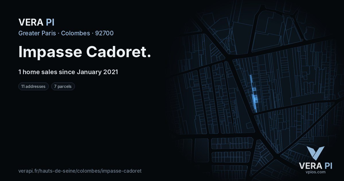 Impasse Cadoret, Colombes at night – every parcel coloured by the prices around it, the street's own parcels lit