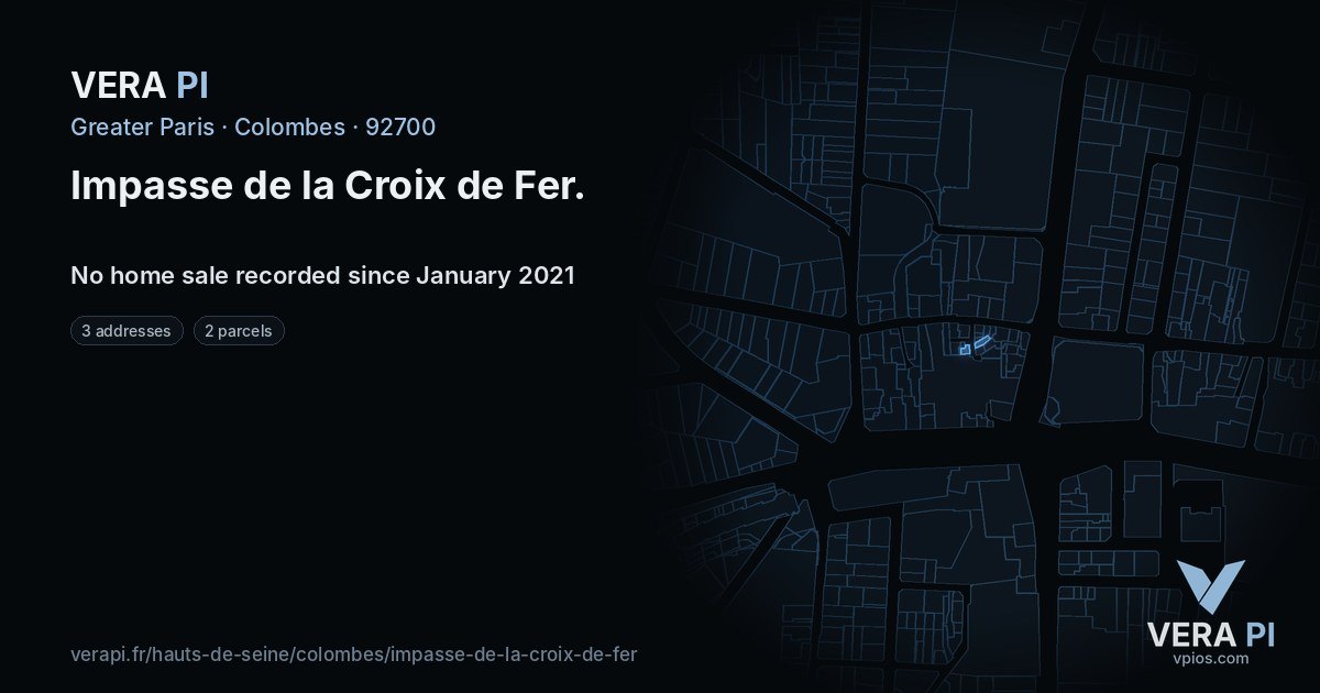 Impasse de la Croix de Fer, Colombes at night – every parcel coloured by the prices around it, the street's own parcels lit