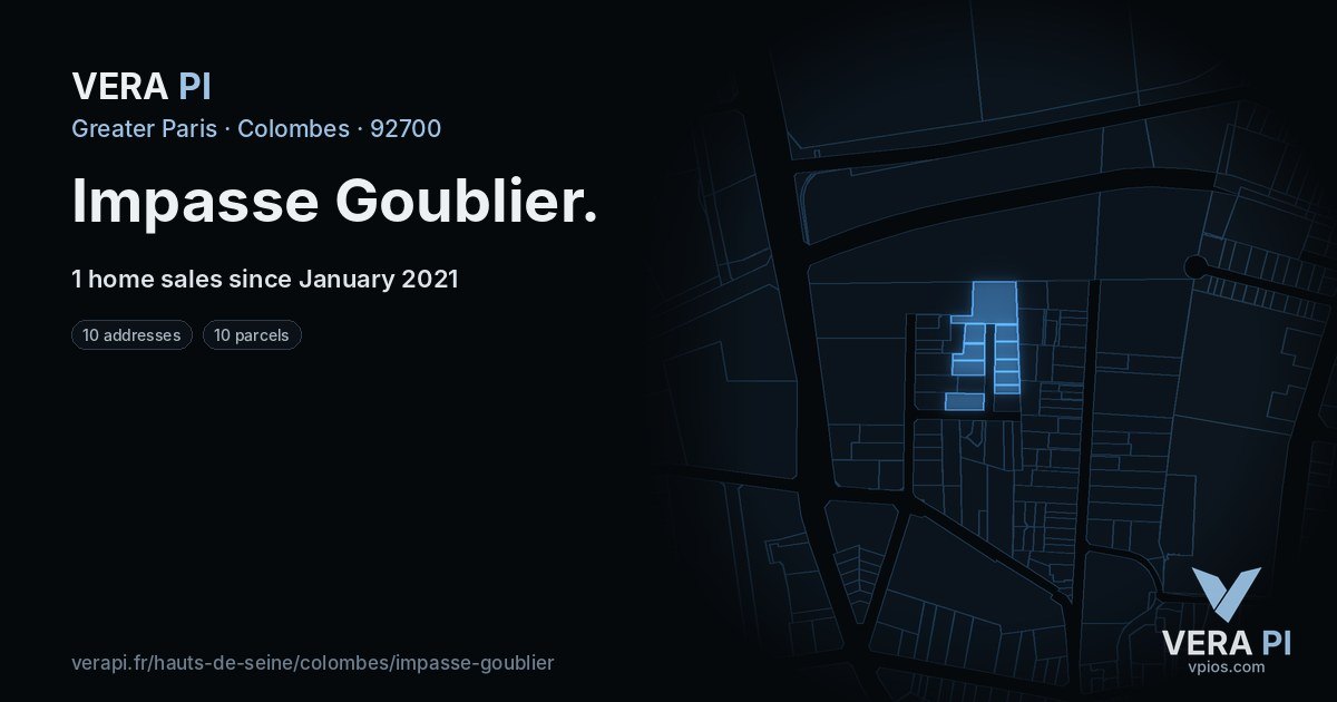 Impasse Goublier, Colombes at night – every parcel coloured by the prices around it, the street's own parcels lit