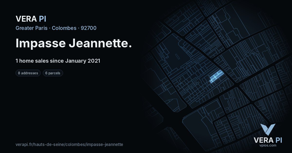 Impasse Jeannette, Colombes at night – every parcel coloured by the prices around it, the street's own parcels lit