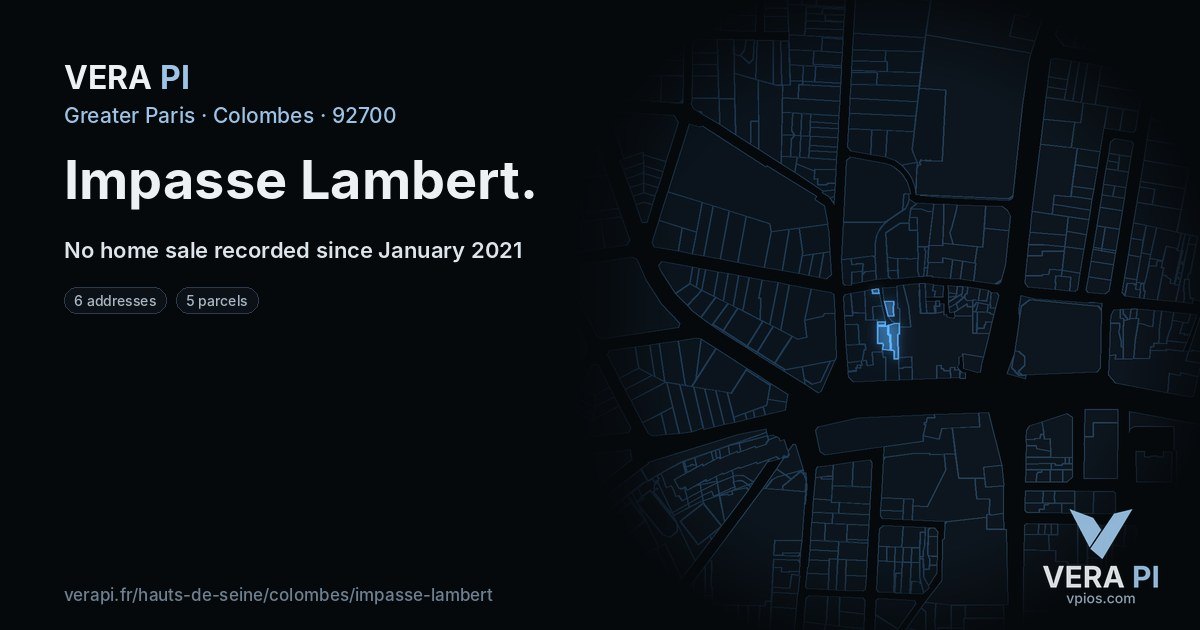 Impasse Lambert, Colombes at night – every parcel coloured by the prices around it, the street's own parcels lit