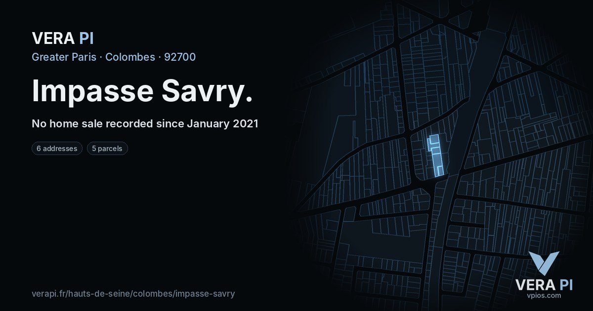 Impasse Savry, Colombes at night – every parcel coloured by the prices around it, the street's own parcels lit